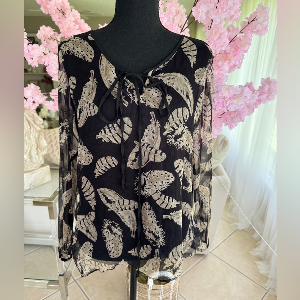 Hale Bob Beige Black Silk Tulle Top Blouse Sample size = small